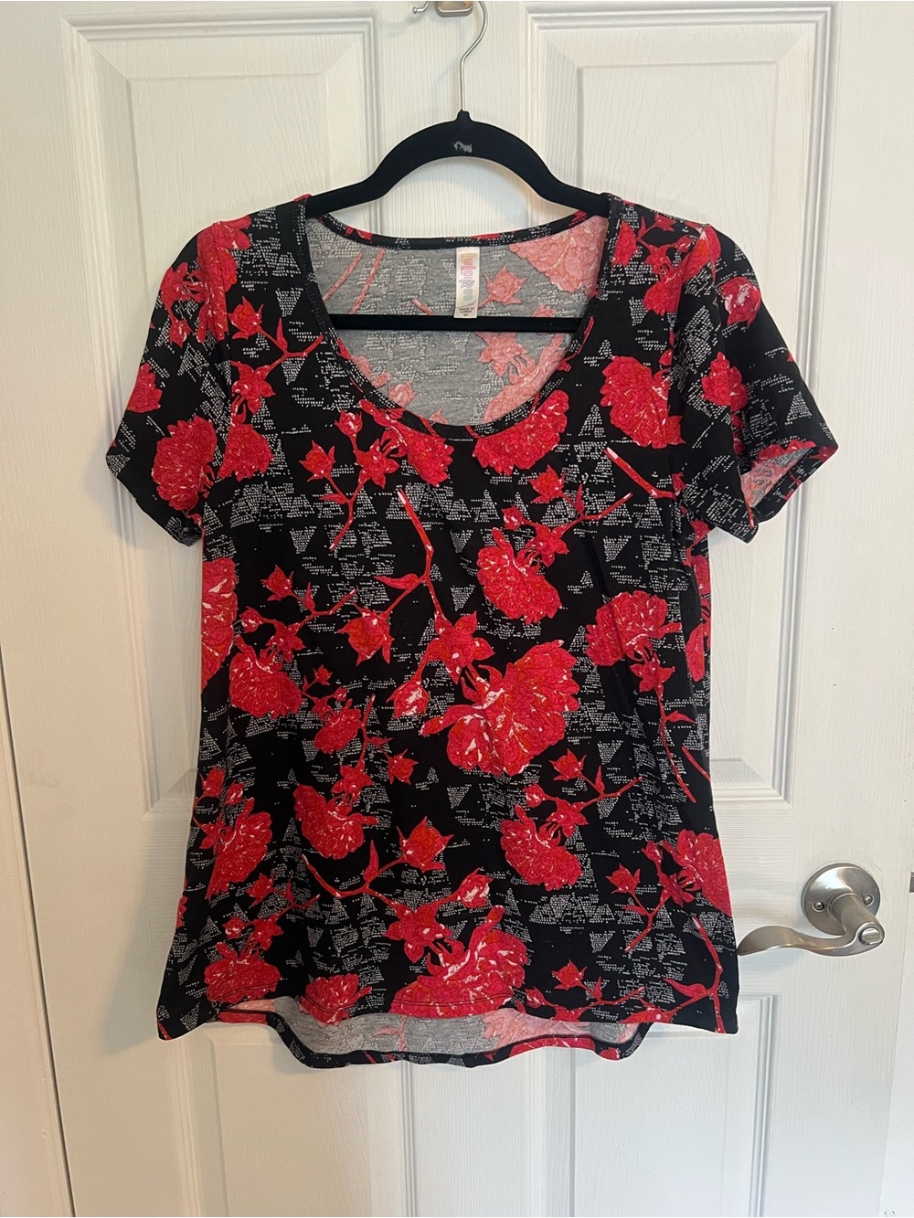 LuLaRoe Black Top with Red Floral Print